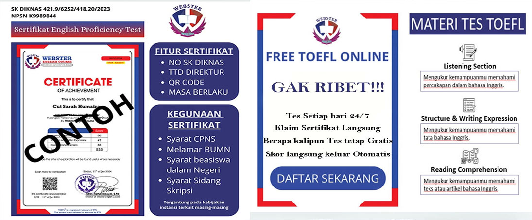 Contoh Sertifikat TOEFL Webster Gratis untuk CPNS dan Beasiswa, Fitur Sertifikat TOEFL Online, dan Materi Tes TOEFL Listening, Structure, dan Reading dengan klaim sertifikat otomatis